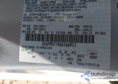 2006 Ford Fusion Se from USA, damaged, VIN 3FAFP07196R166911